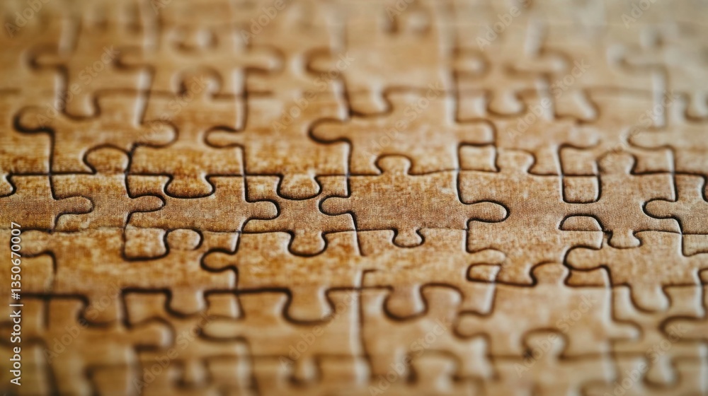 Poster close up view of a beige jigsaw puzzle with many interlocking pieces, showing a detailed texture and