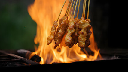 Satay skewers grilling over an open flame