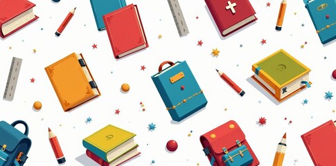 A playful seamless pattern of colorful school objects like books, pencils, rulers, and backpacks on a white background, kid-friendly, pattern
