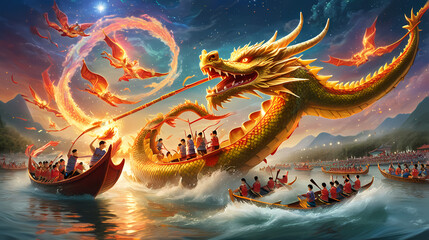 Dragon Boat Festival mythical dragon fiery birds
