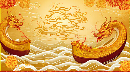 Golden Dragon Boats on Water