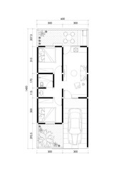2 dimension of small house floor plan with furniture layout, two bedroom. Lines black on white background. 