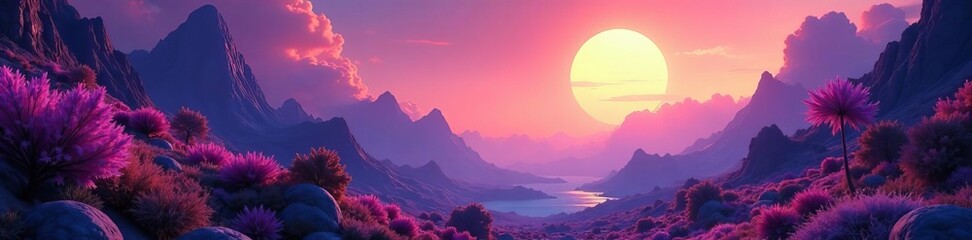 A surreal alien world with glowing flora and fauna under a vibrant sky, landscape, sky, fauna