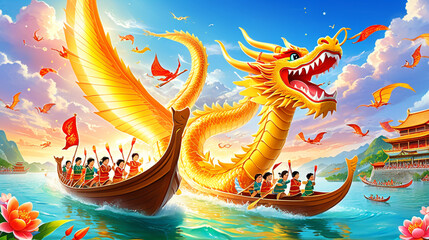 Dragon Boat Festival race with golden dragon