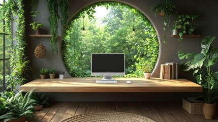 Fototapeta premium Modern home office with circular window, plants, and computer.