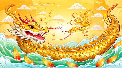 Golden Dragon Boat on Water
