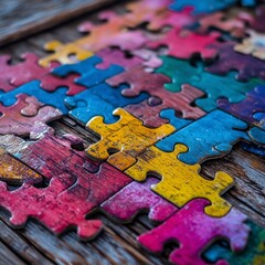 Colorful jigsaw puzzle pieces arranged on a rustic wooden surface. The pieces are various shades of red, yellow, blue, and green, creating a vibrant pattern. The wood grain is visible underneath.