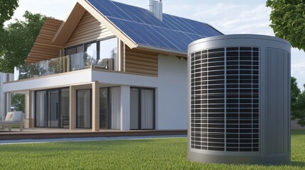 Modern home with solar panels and outdoor air conditioning unit.