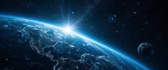 Obraz premium Earth's breathtaking sunrise viewed from space, a celestial spectacle of light and shadow showcasing our planet's vibrant beauty.