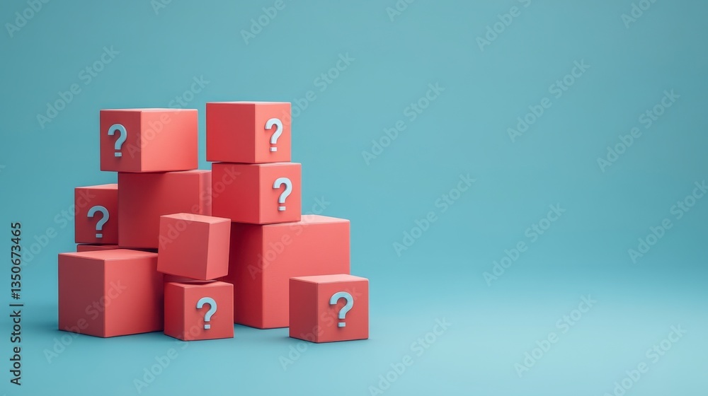 Poster a pile of coral colored cubes with white question marks rests on a light blue background. the cubes 