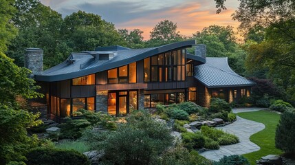 Modern house at sunset, nestled in lush greenery with a curved roof and large windows.