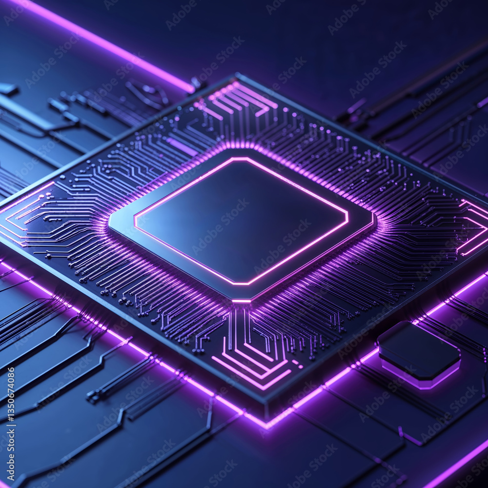 Poster close-up view of a circuit board with glowing purple design featuring a central processing unit