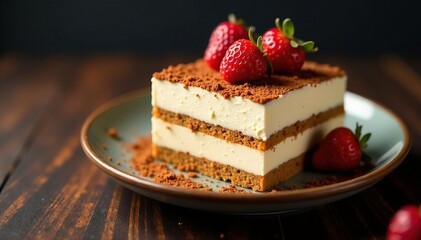 Rich tiramisu, dusted cocoa, elegant presentation , white background, ingredient, studio shot
