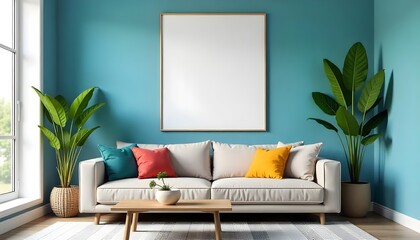 Modern Living Room Interior Design Teal Walls Beige Sofa Mockup Frame Plants