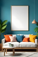 Modern Living Room Interior Design Mockup with Teal Walls White Sofa and Blank Canvas