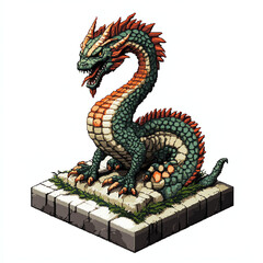Obraz premium Pixel Art Dragon Statue on Stone Base Fantasy Illustration