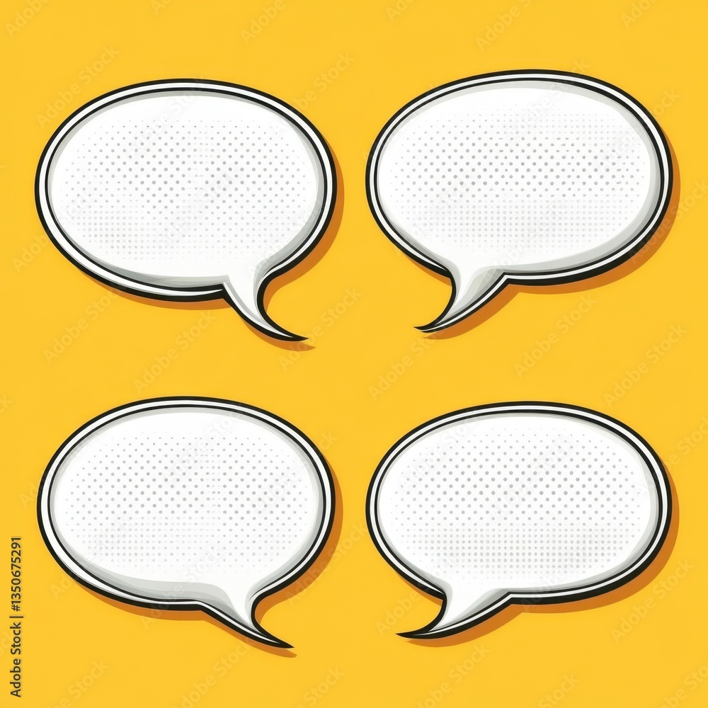 Poster four white speech bubbles with a dotted texture on a yellow background, presented in a 2x2 grid. eac