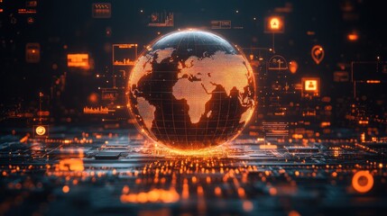 Global data network, digital earth, glowing circuit board background.  Possible use Data visualization, technology