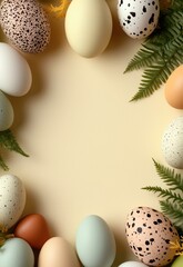 Easter frame with empty copy space featuring colorful Easter eggs and ferns around the edges with a light yellow background