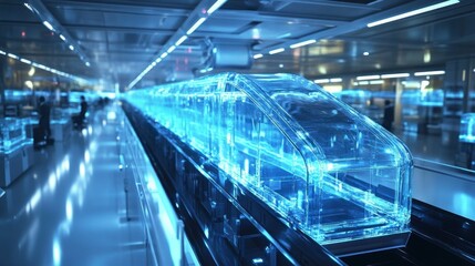 Futuristic transparent high speed train model on a platform, illuminated with cool blue light. Clean lines, sleek design, modern technology showcase.