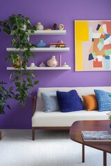 Modern Living Room Interior Design with Purple Walls White Sofa and Colorful Abstract Art