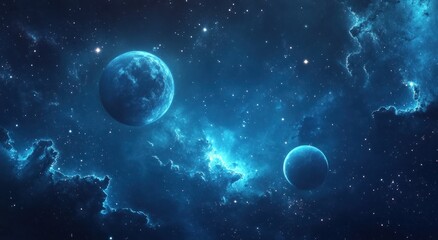 Fototapeta premium Two blue planets float amidst a starry and cloudy nebula