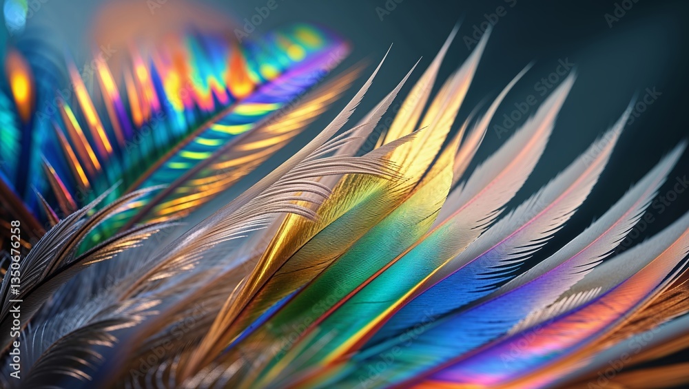 Poster colorful feathers create a stunning visual display under soft lighting in a creative setting