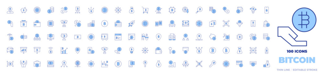 100 Bitcoin Icons Collection. Line Duotone style, editable stroke. credit card, money bag, program, atm machine, exchange, blockchain, key, bitcoin, cryptocurrency