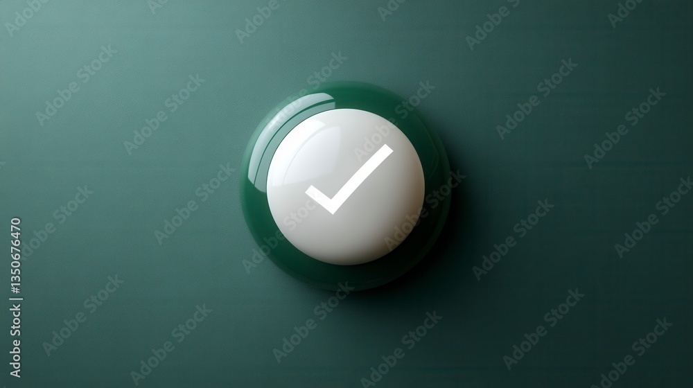 Poster white checkmark button on a dark teal background. the button is glossy and circular. simple, clean d