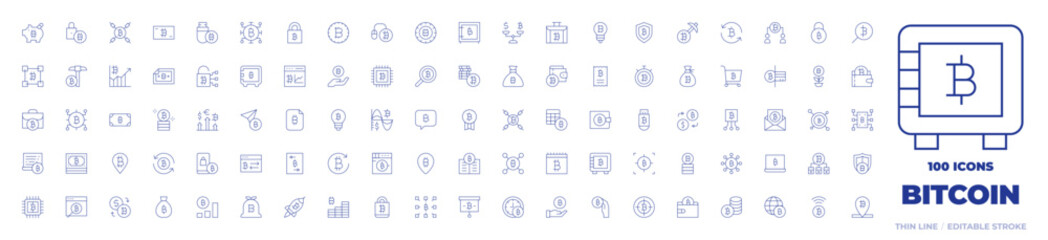 100 Bitcoin Icons Collection. Thin line icon. Editable stroke. world, blockchain, bitcoin, wallet, savings, pendrive, pay per click, briefcase, locker, searcher
