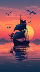 Obraz premium A sailboat sailing at dusk with some birds flying overhead