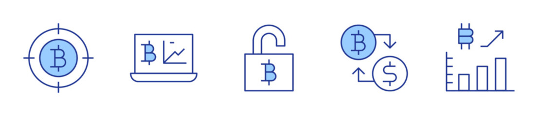 analysis, unlock, exchange, statistics, bitcoin. Bitcoin Icon vector illustration. Line Duotone style. Editable stroke