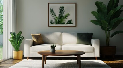 Modern Living Room Interior Design with White Sofa Plants and Coffee Table