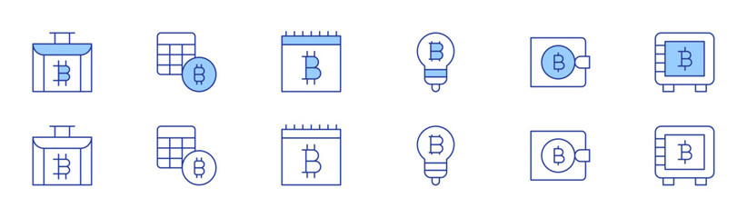 Bitcoin icon set in two styles, Duotone and Thin Line style. Editable stroke. briefcase, calculator, calendar, idea, wallet, safe box