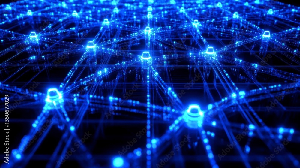 Aufkleber abstract digital network glowing blue nodes and connections, intricate web of data, futuristic techn