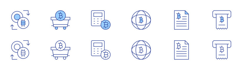 Bitcoin icon set in two styles, Duotone and Thin Line style. Editable stroke. exchange, load, calculator, network, billing, ticket