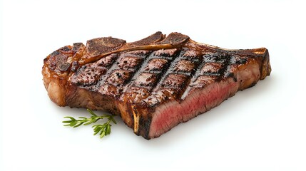 Juicy grilled steak with herbs on a white plate.