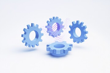 A clean icon design featuring three blue gear icons, each emitting waves of sound in soft purple, symbolizing motionless air signals around the gears