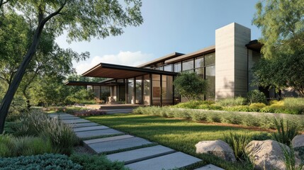 Modern house with landscaped garden and pathway.