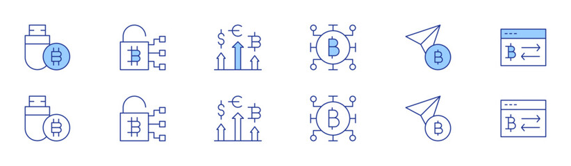 Bitcoin icon set in two styles, Duotone and Thin Line style. Editable stroke. pendrive, locker, currencies, cryptocurrency, send, exchange