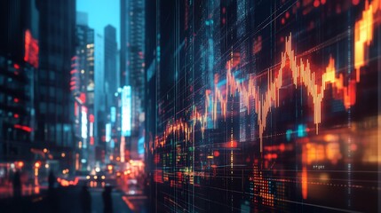 Obraz premium Financial Chart Overlaying Cityscape Depicting Market Analysis and Urban Trends