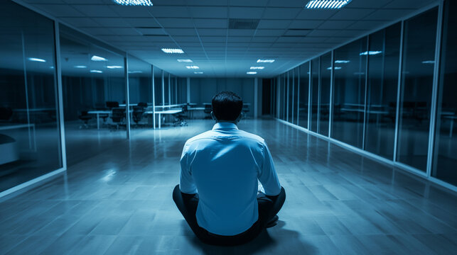 Man sitting alone in an empty office, gazing at an empty desk with a few personal items, symbolizing job loss and layoffs, conveying a sense of uncertainty and reflection.
