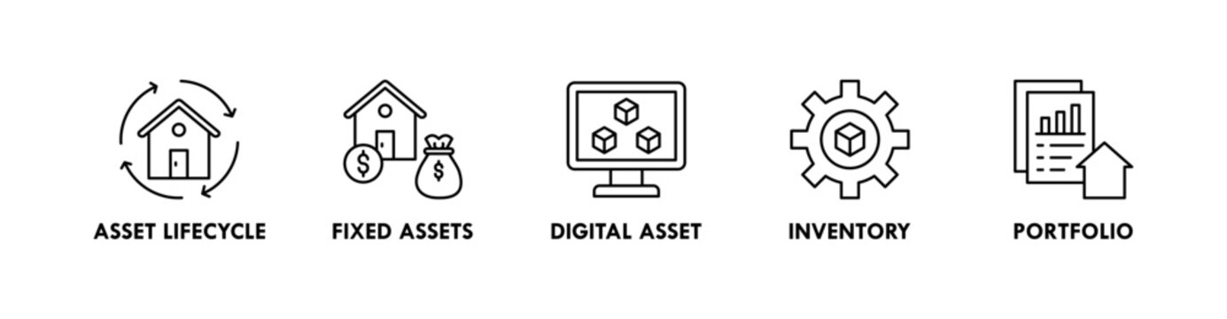 Asset Management banner web icon illustration concept with icon of asset lifecycle, fixed assets, digital asset, inventory, and portfolio