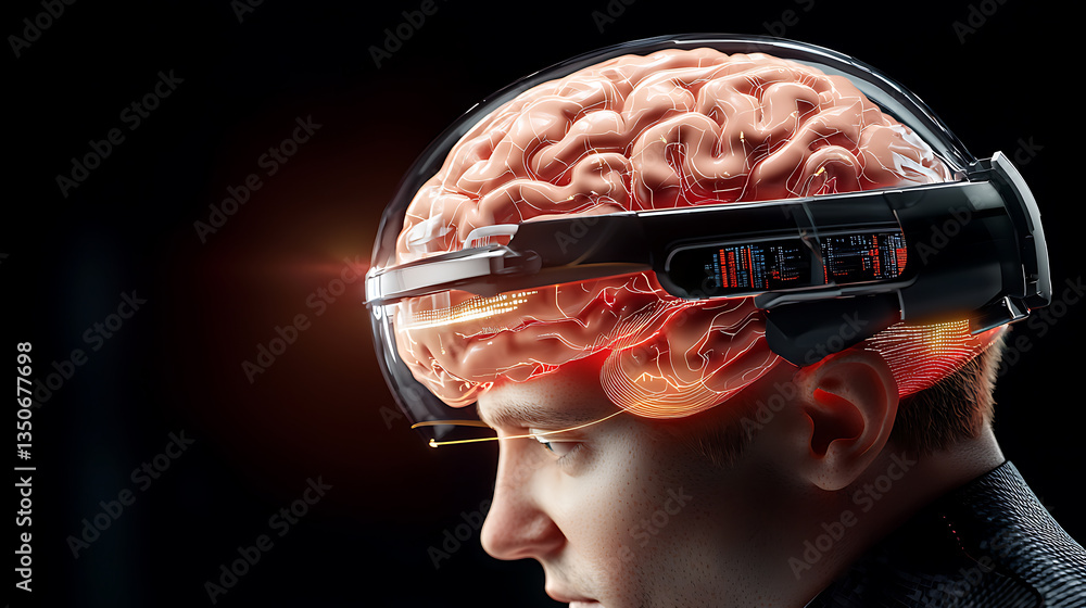 Poster futuristic brain displaying fitness metrics digital health innovation science lab high-tech environm
