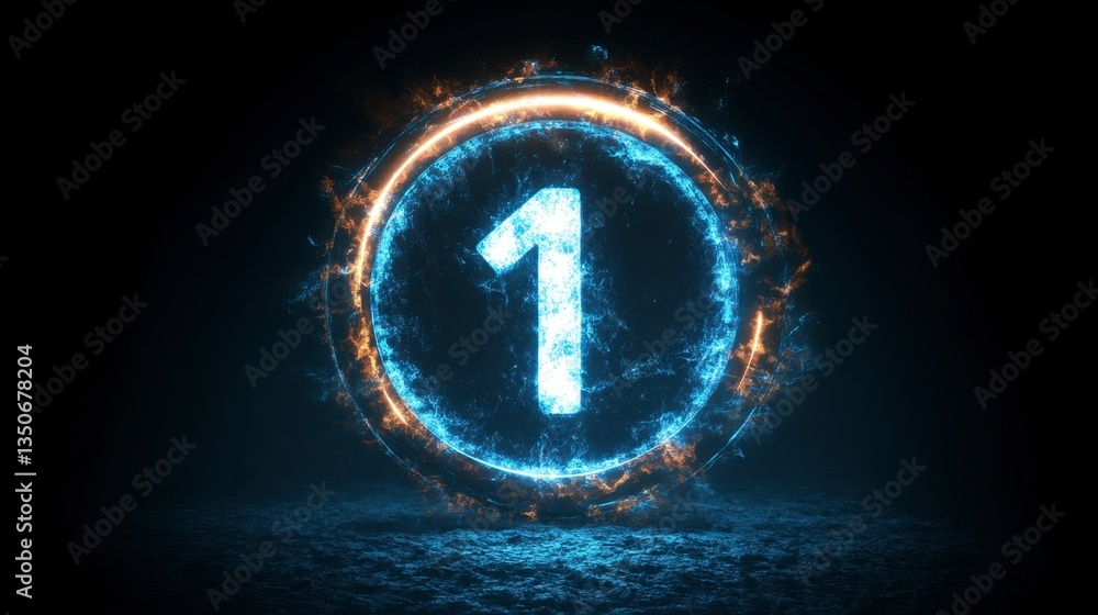 Poster glowing number one in a circular light particle effect on dark background. abstract digital art with