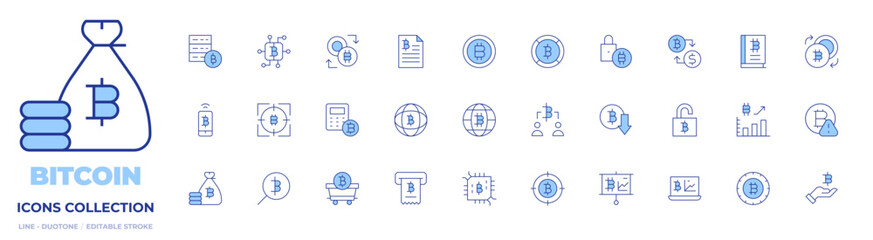 Bitcoin icons collection. Line Duotone style, editable stroke. exchange, padlock, presentation, load, value, calculator, network, analysis, billing, unlock, ticket