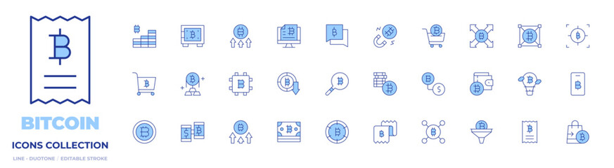 Bitcoin icons collection. Line Duotone style, editable stroke. gold, shopping bag, magnet, wallet, safebox, exchange, hot air balloon, cpu, statement, increase