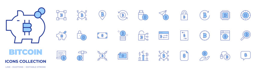 Bitcoin icons collection. Line Duotone style, editable stroke. savings, pendrive, pay per click, blockchain, locker, data encryption, currencies, crypto, send