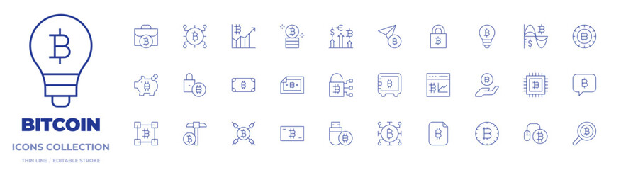 Bitcoin icons collection. Thin Line icons, editable stroke. savings, pendrive, pay per click, blockchain, locker, data encryption, briefcase, currencies