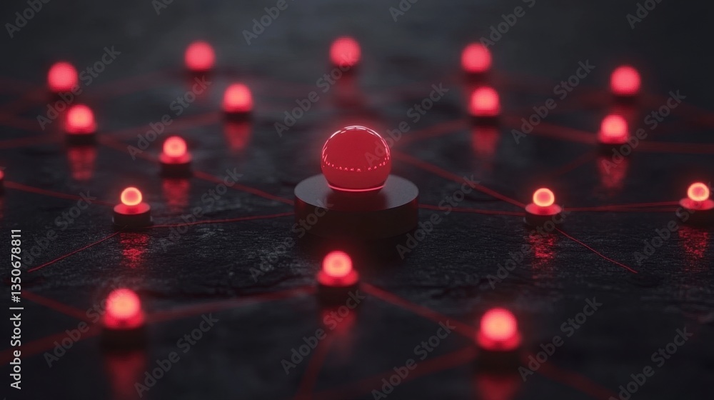 Poster red glowing spheres arranged on a dark surface, connected by thin red lines, creating a network effe